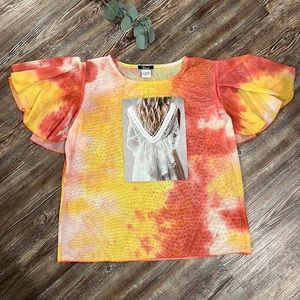 Sheer tie dye top with attached picture, lace and beading. NWOT